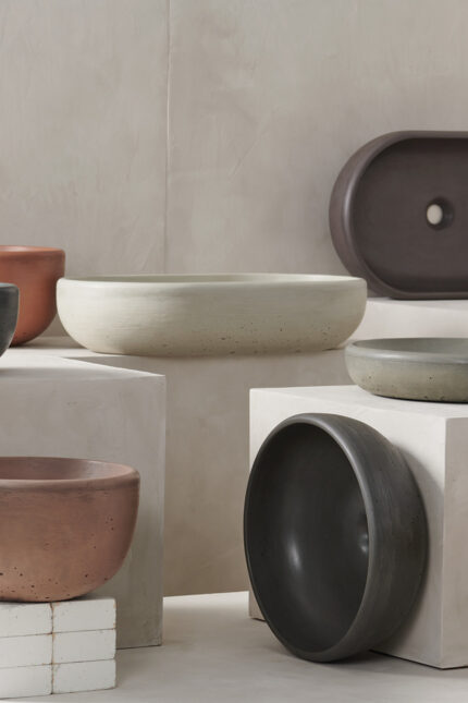 mudd concrete bol collection sink models including rove, turo, oto, cerro and lomas all in multiple colours, in a minimalist microcemented backdrop