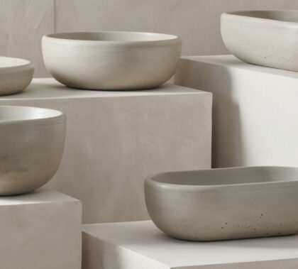 The bol collection concrete washbasins shown in all five models and the colour pumice